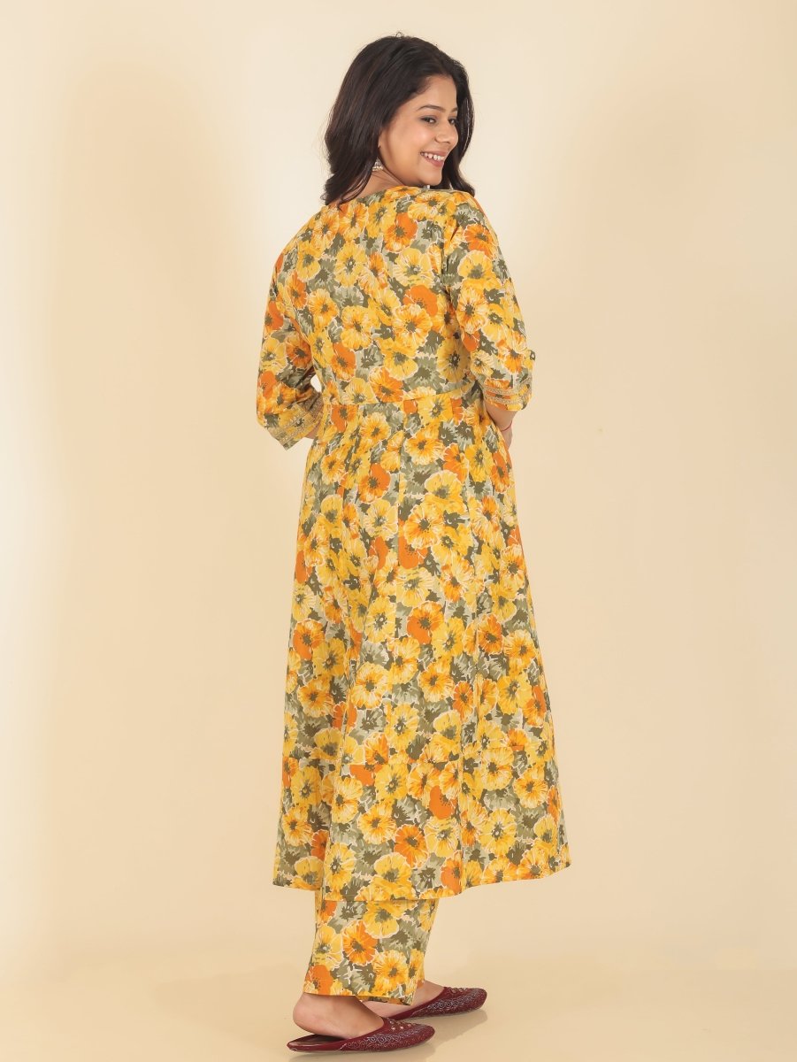 Aramya Anarkali Soft Cotton Floral Print Women's Kurta - Yellow