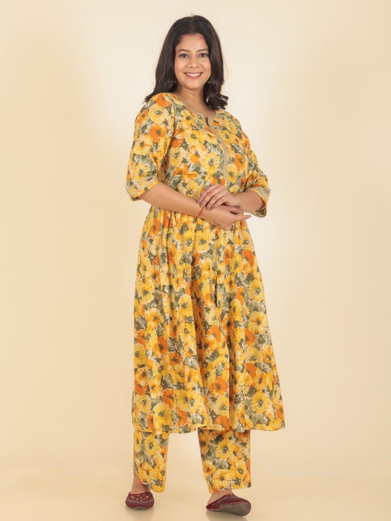 Aramya Anarkali Soft Cotton Floral Print Women's Kurta Set - Yellow