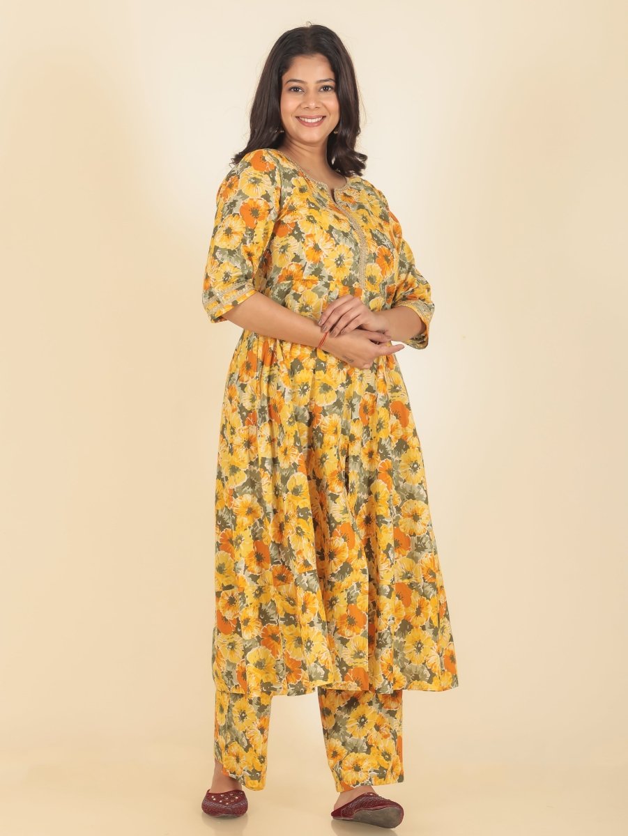 Aramya Anarkali Soft Cotton Floral Print Women's Kurta - Yellow