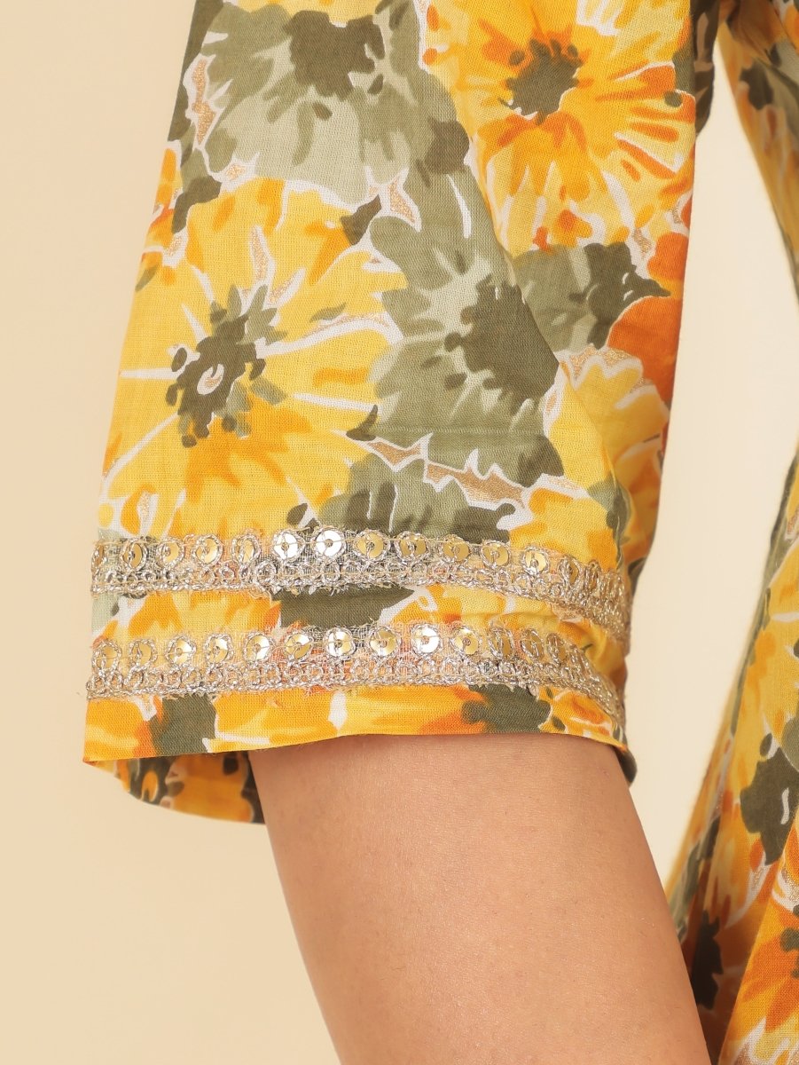 Aramya Anarkali Soft Cotton Floral Print Women's Kurta - Yellow
