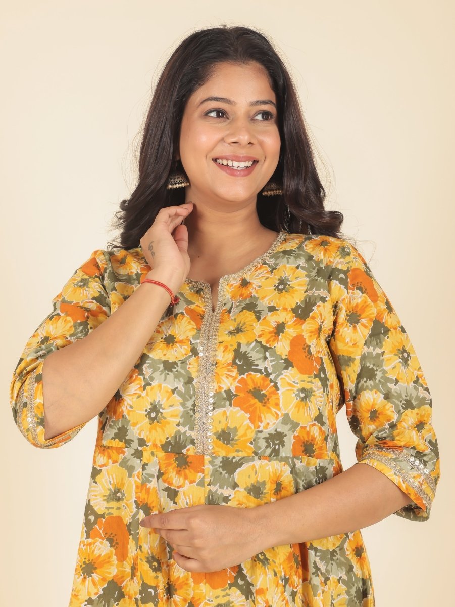 Aramya Anarkali Soft Cotton Floral Print Women's Kurta - Yellow