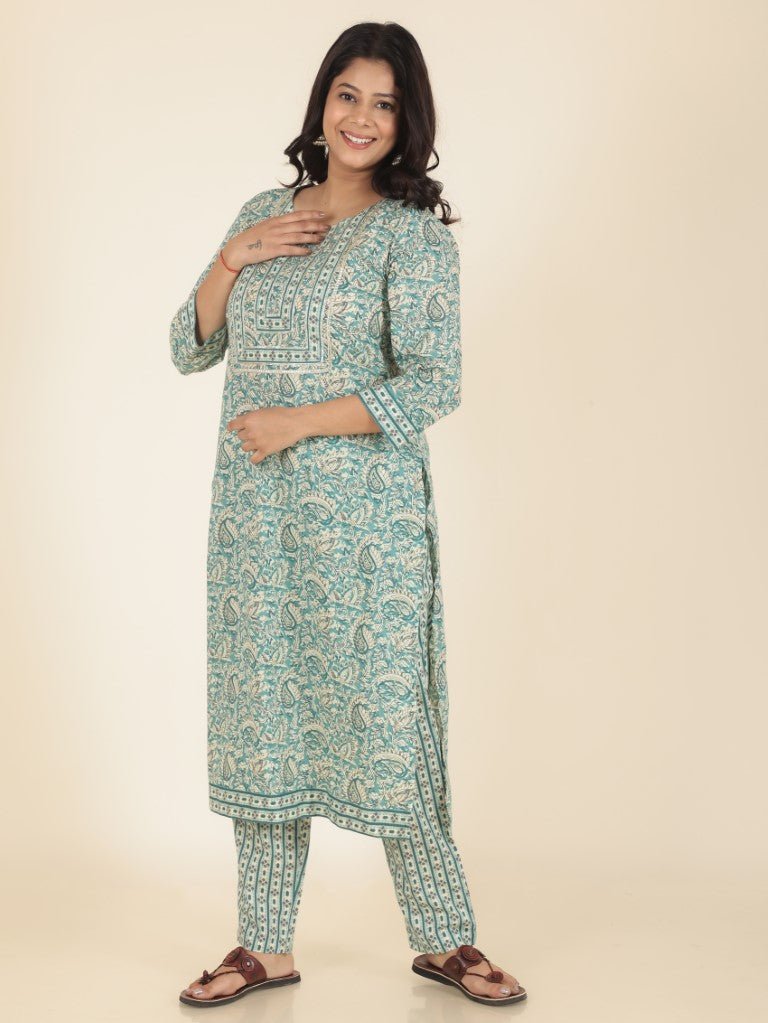 Aramya Straight Soft Cotton Paisley Print Women's Kurta Set - Green