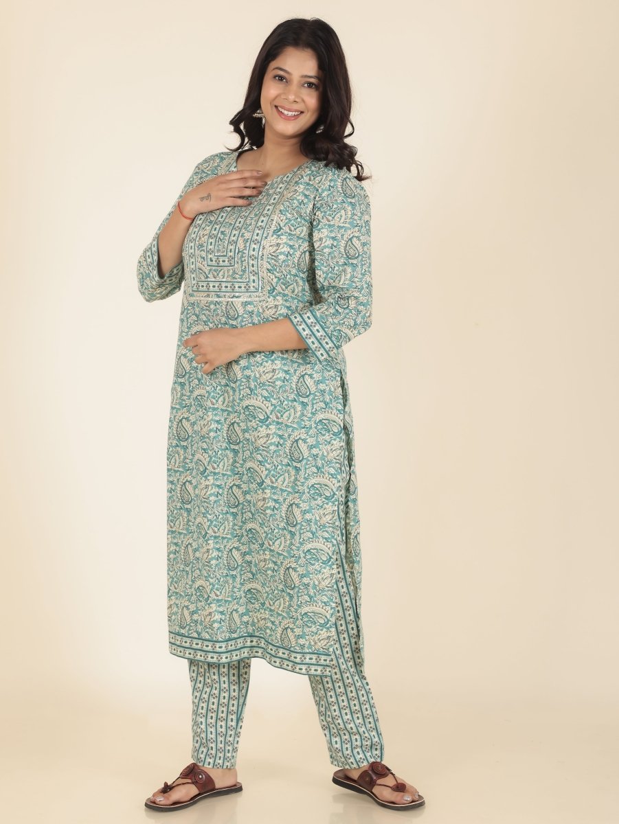 Aramya Straight Soft Cotton Paisley Print Women's Kurta - Green