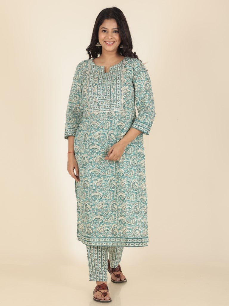 Aramya Straight Soft Cotton Paisley Print Women's Kurta Set - Green