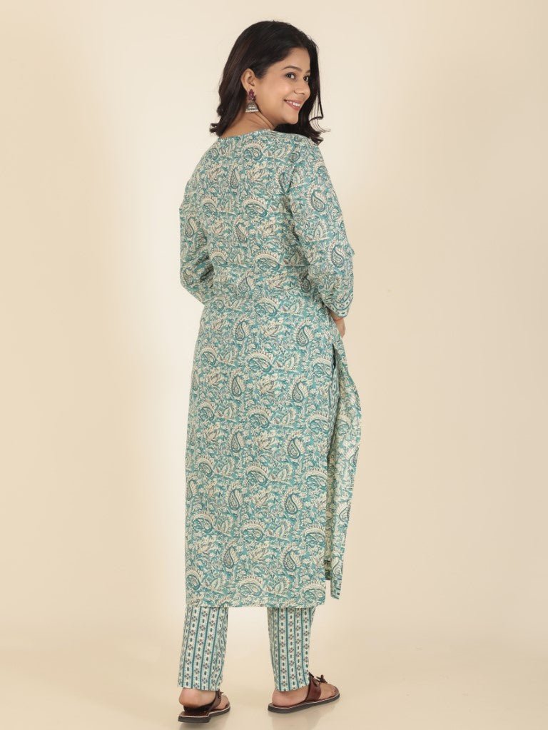 Aramya Straight Soft Cotton Paisley Print Women's Kurta Set - Green