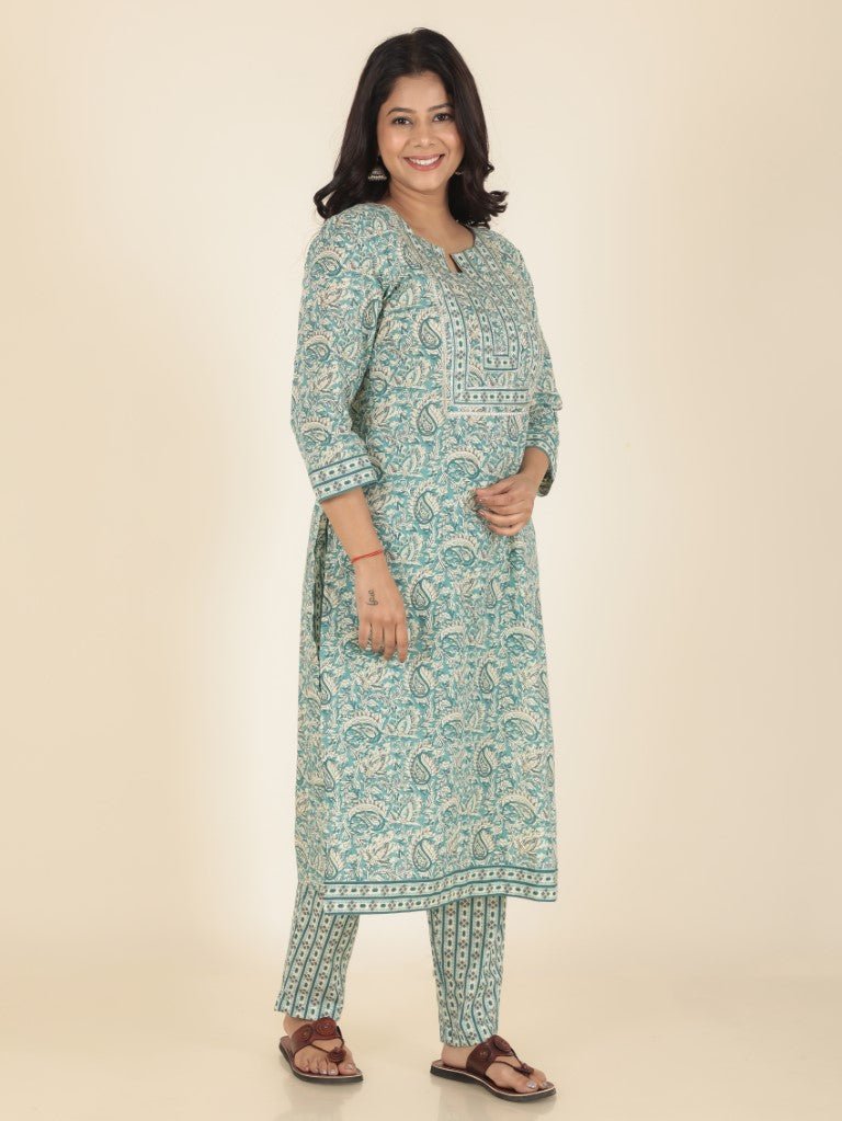 Aramya Straight Soft Cotton Paisley Print Women's Kurta Set - Green