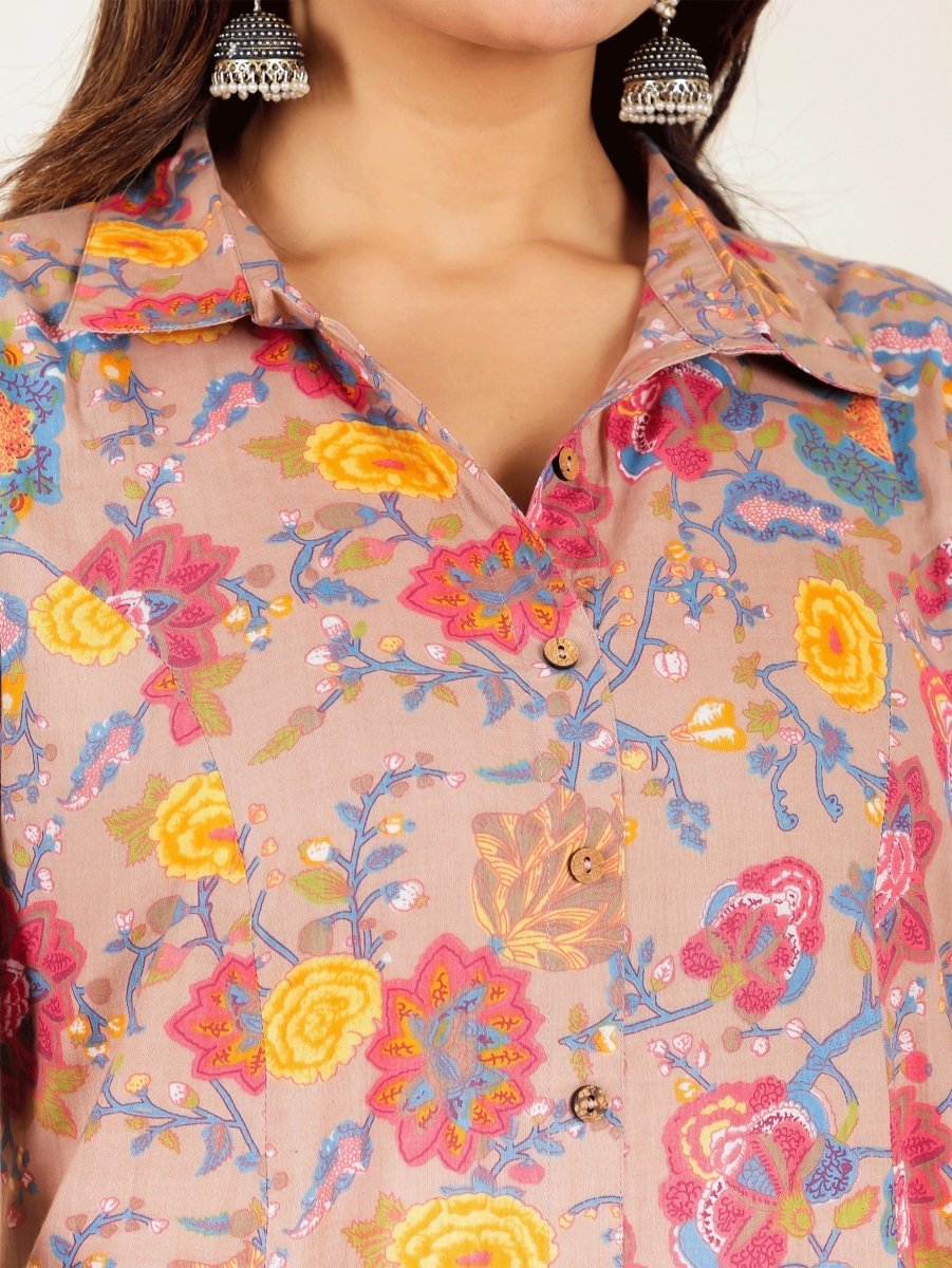 Aramya High Low Soft Cotton Floral Print Women's Kurta - Brown
