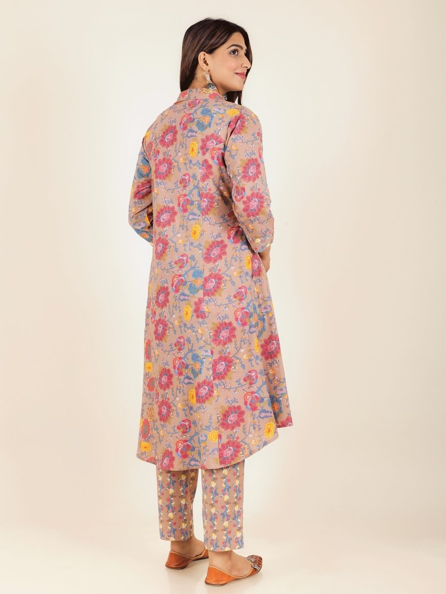 Aramya High Low Soft Cotton Floral Print Women's Kurta - Brown