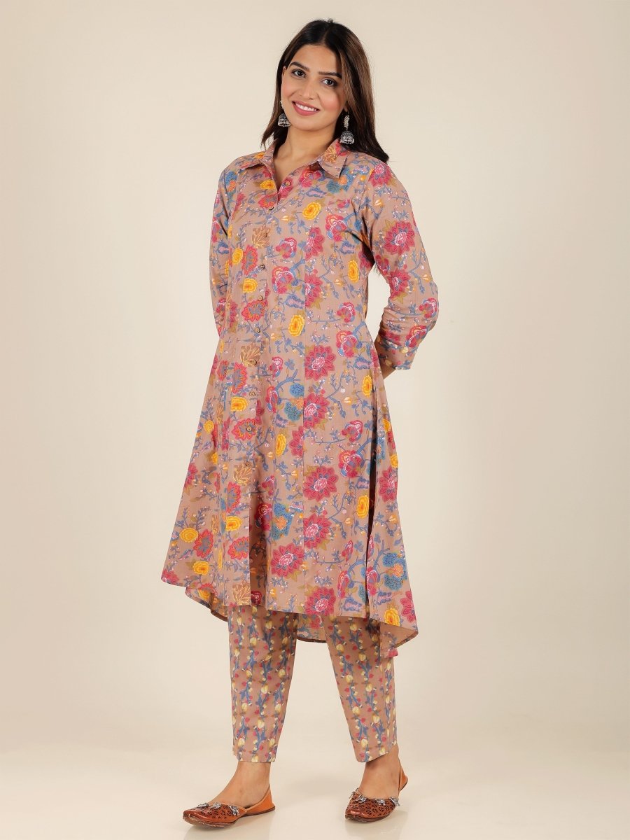 Aramya High Low Soft Cotton Floral Print Women's Kurta - Brown