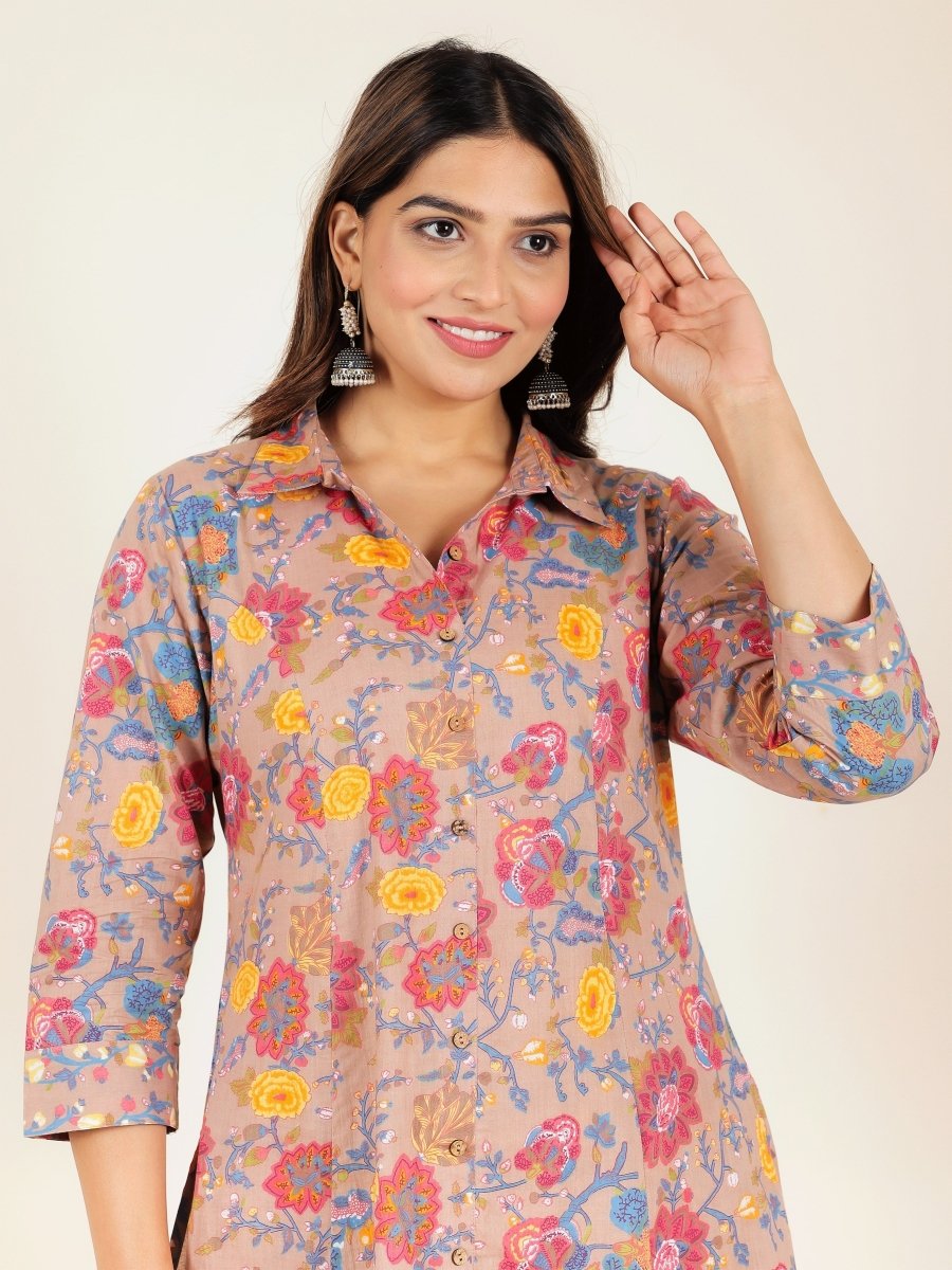 Aramya High Low Soft Cotton Floral Print Women's Kurta - Brown