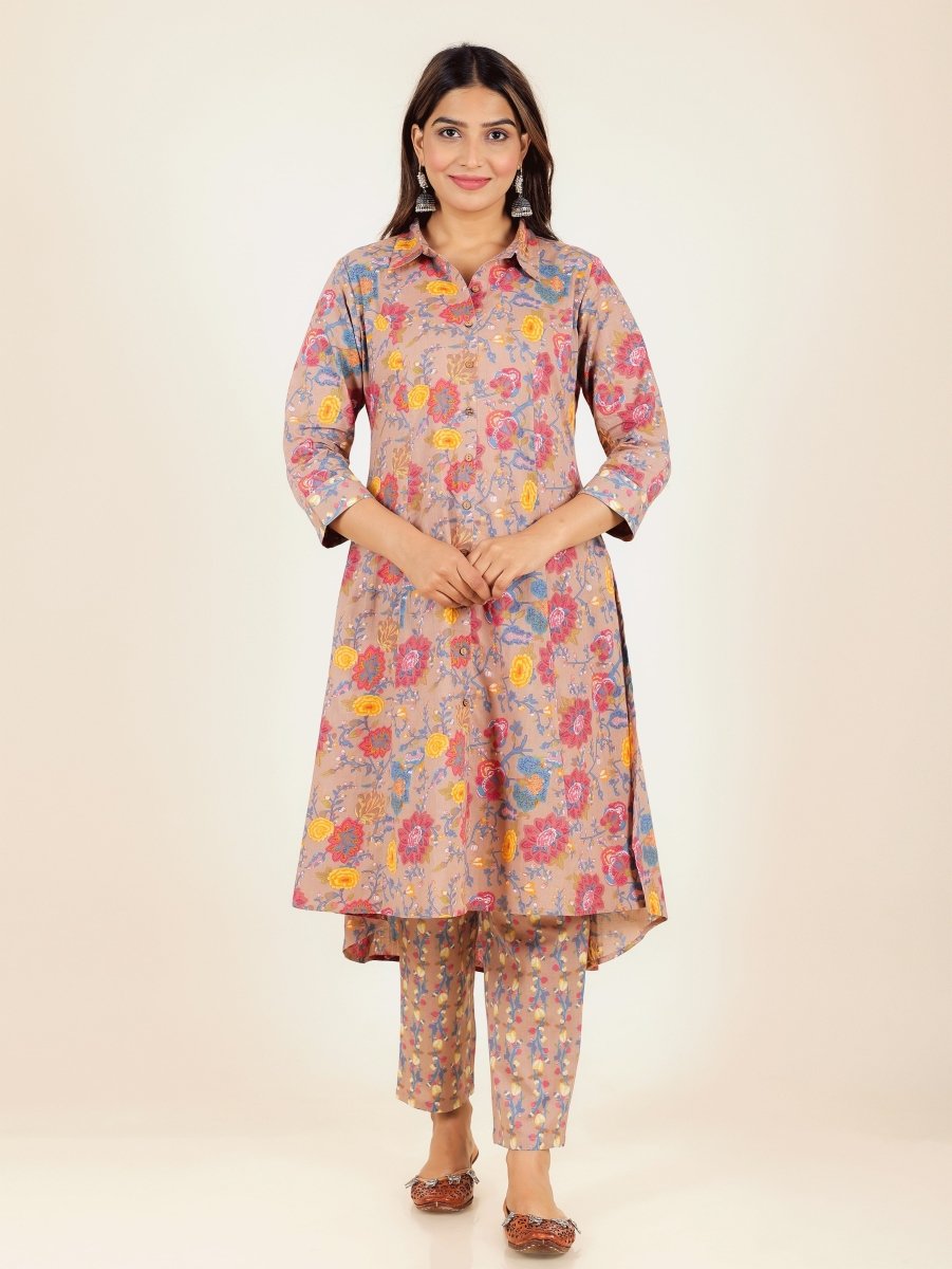 Aramya High Low Soft Cotton Floral Print Women's Kurta - Brown