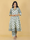Aramya Flared Soft Cotton Block Print Women's Kurta Set - Off White