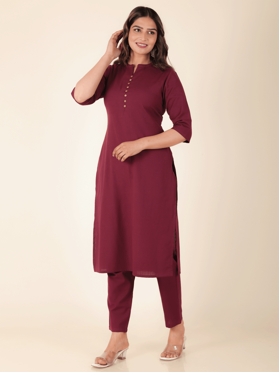 Aramya Straight Linen Cotton Solid Women's Kurta - Purple