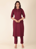 Aramya Straight Linen Cotton Solid Women's Kurta Set - Purple