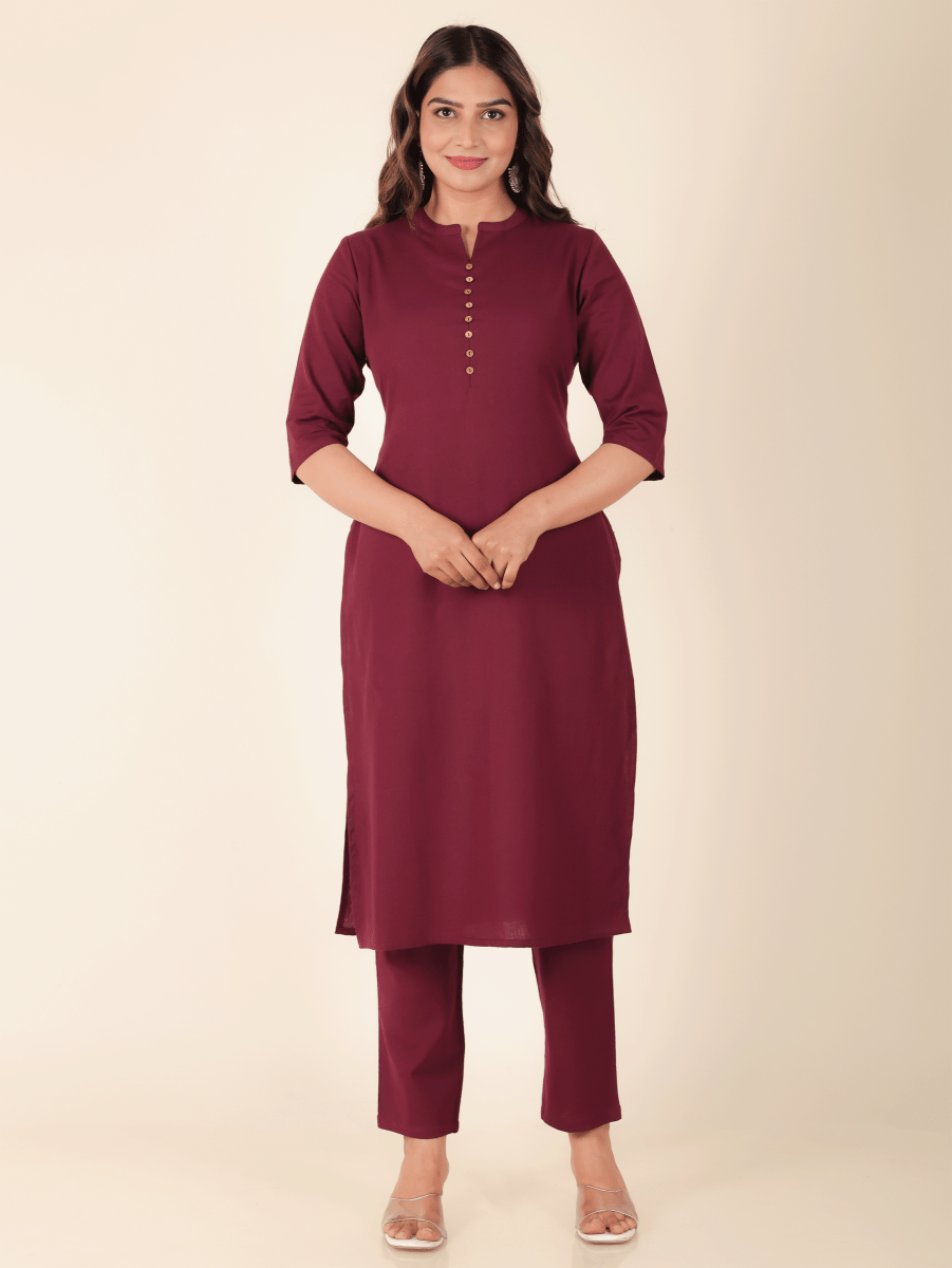Aramya Straight Linen Cotton Solid Women's Kurta - Purple