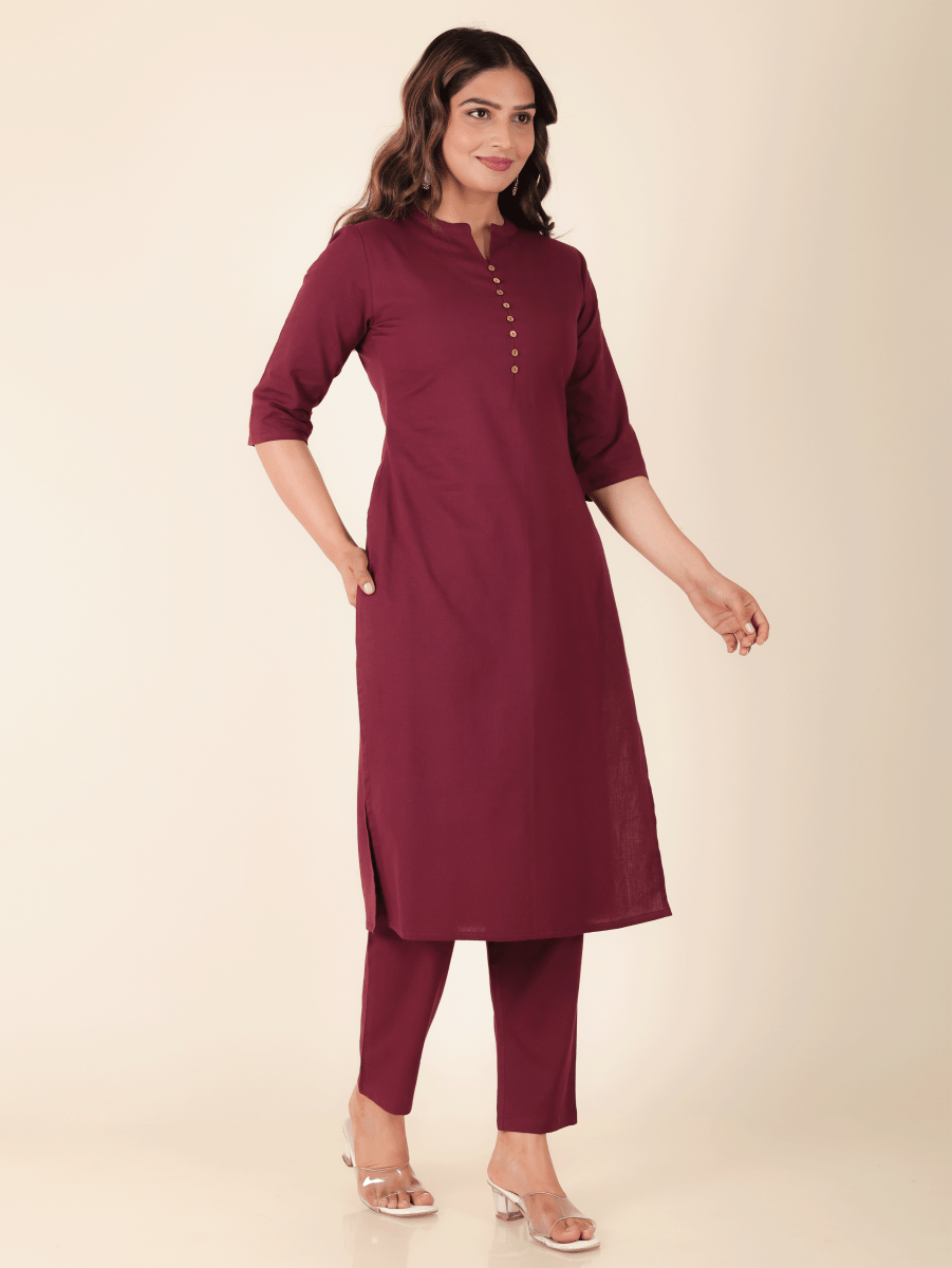 Aramya Straight Linen Cotton Solid Women's Kurta - Purple