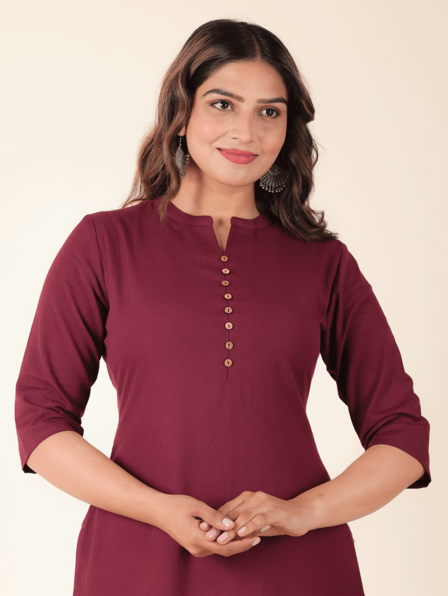 Aramya Straight Linen Cotton Solid Women's Kurta Set - Purple
