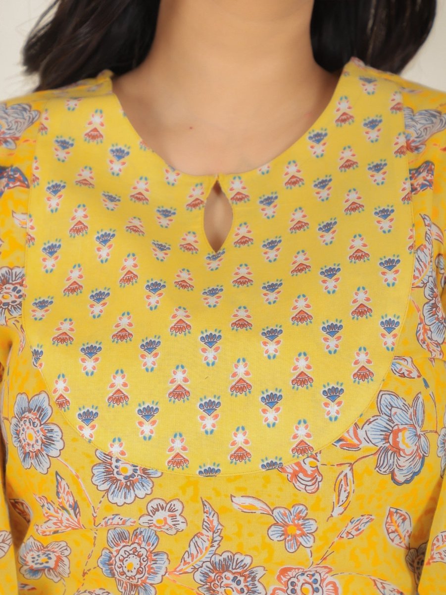 Aramya Straight Soft Cotton Floral Print Women's Kurta Set - Yellow