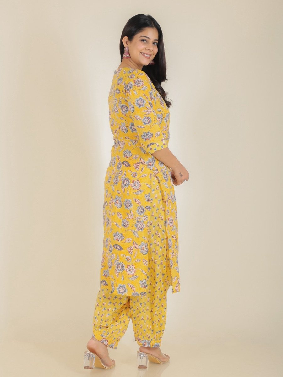 Aramya Straight Soft Cotton Floral Print Women's Kurta Set - Yellow