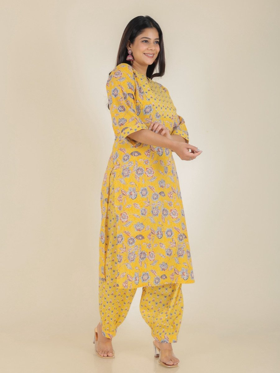 Aramya Straight Soft Cotton Floral Print Women's Kurta Set - Yellow