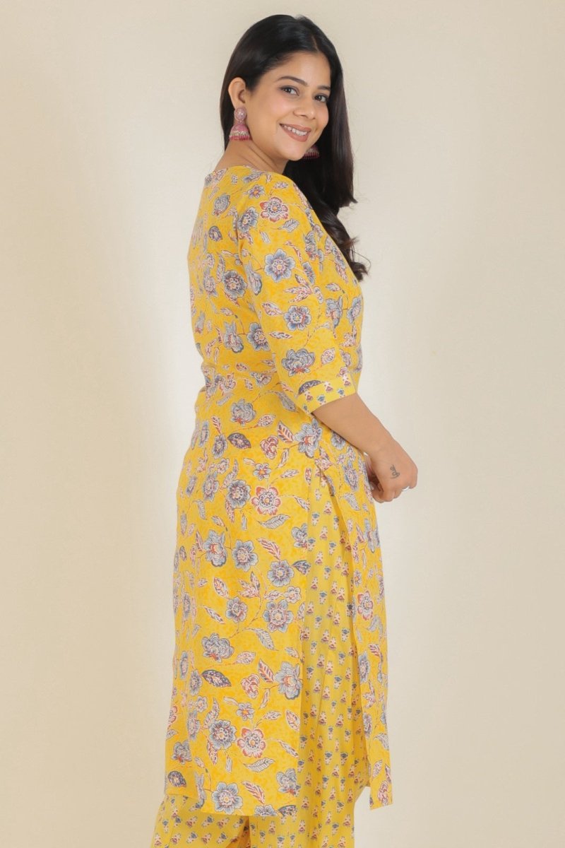 Aramya Straight Soft Cotton Floral Print Women's Kurta - Yellow