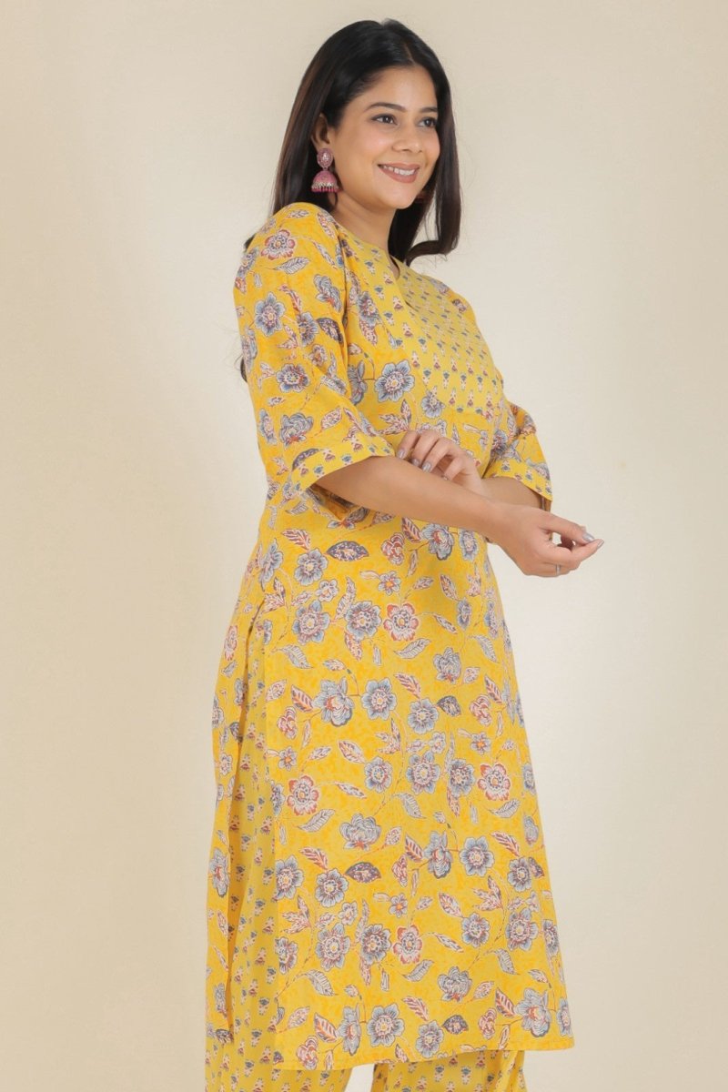Aramya Straight Soft Cotton Floral Print Women's Kurta - Yellow
