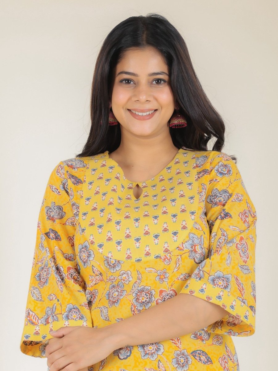 Aramya Straight Soft Cotton Floral Print Women's Kurta - Yellow