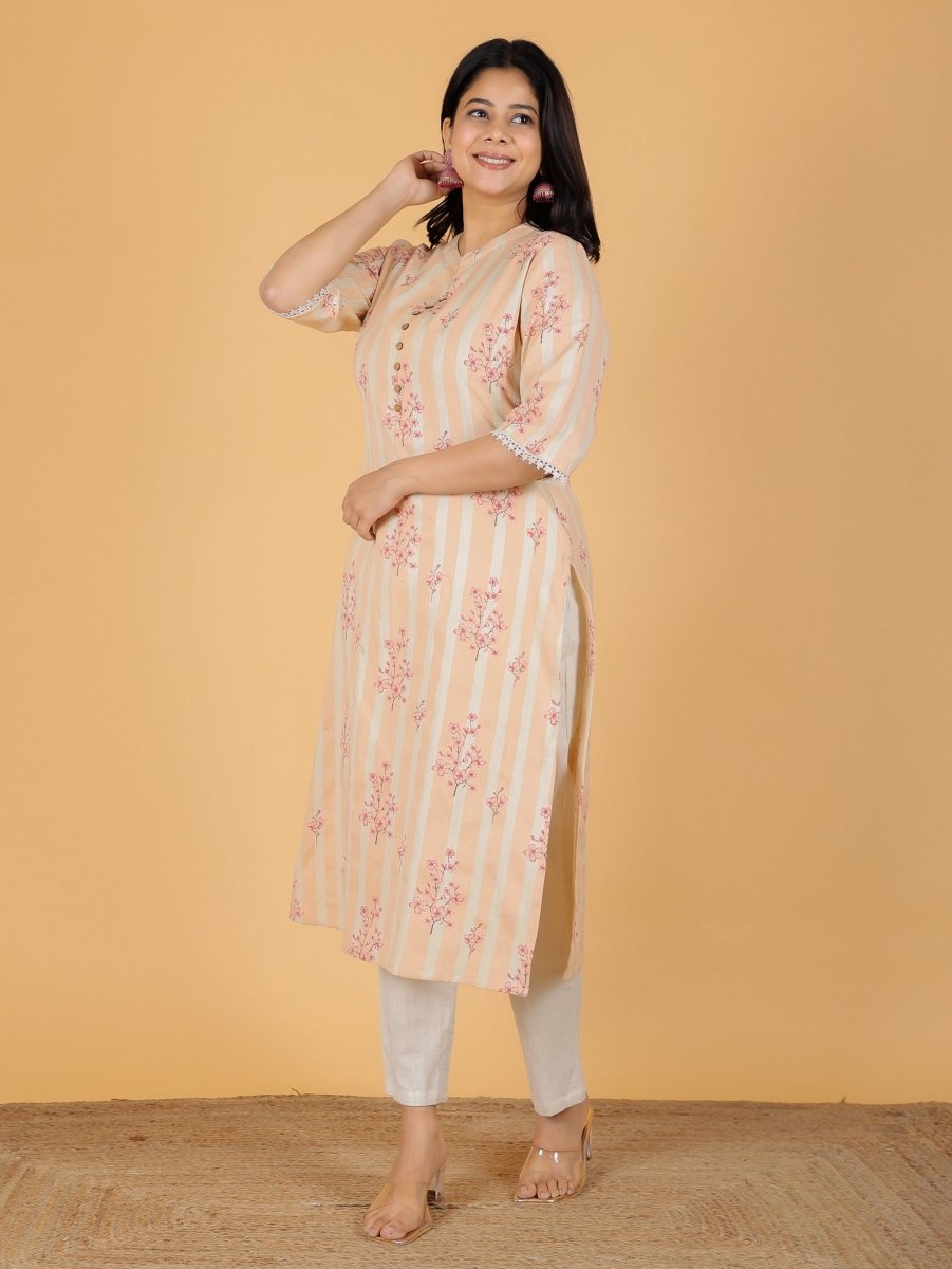 Aramya Straight Linen Cotton Floral Print Women's Kurta Set - Orange
