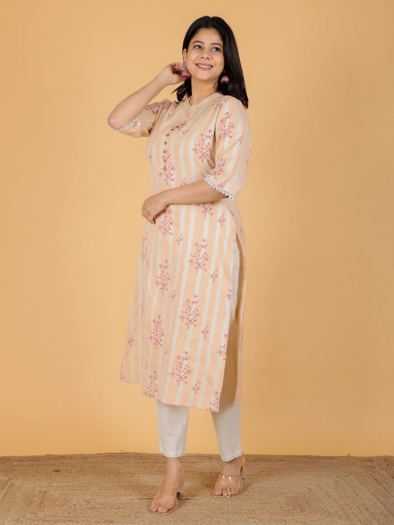 Aramya Straight Linen Cotton Floral Print Women's Kurta - Orange