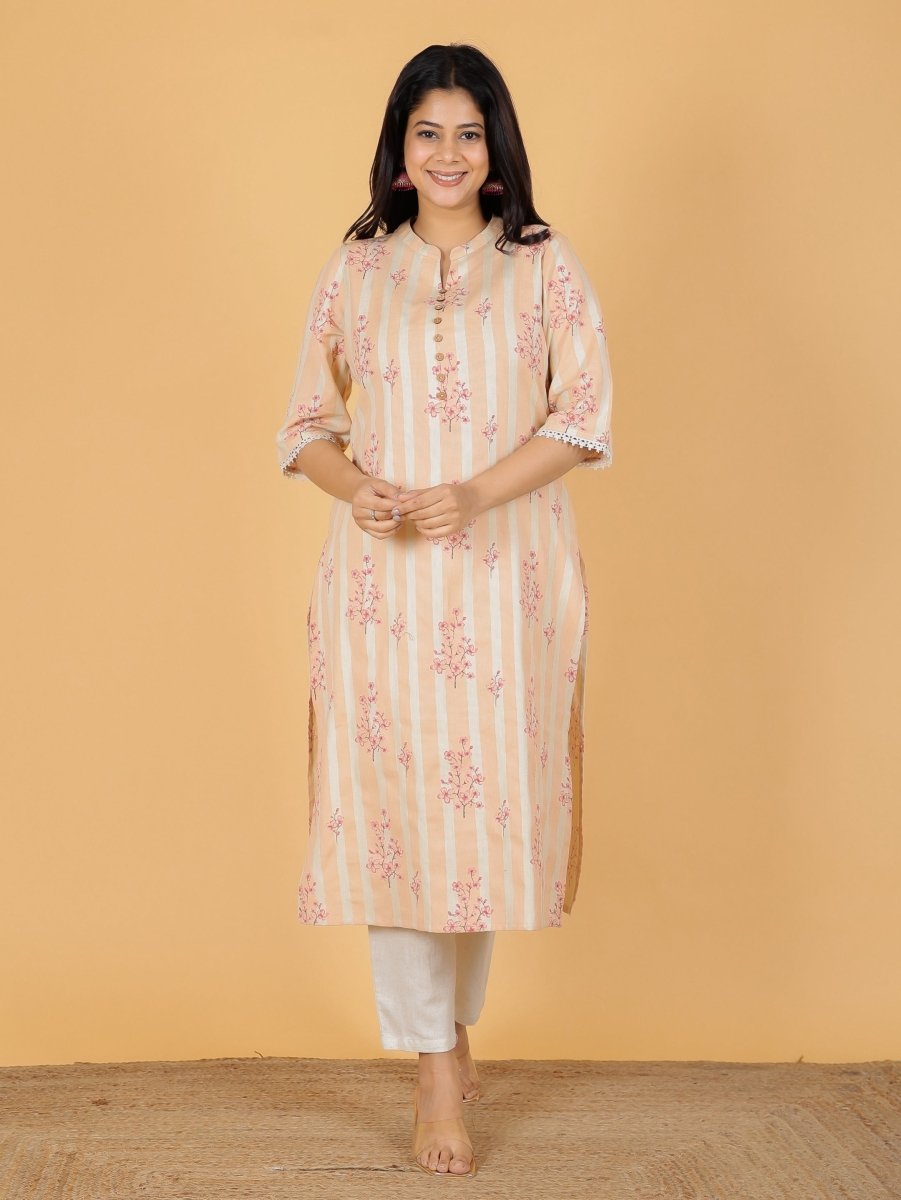Aramya Straight Linen Cotton Floral Print Women's Kurta Set - Orange