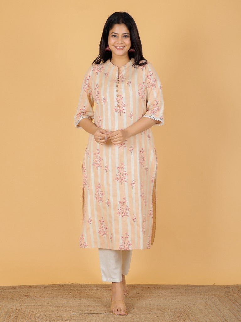 Aramya Straight Linen Cotton Floral Print Women's Kurta - Orange