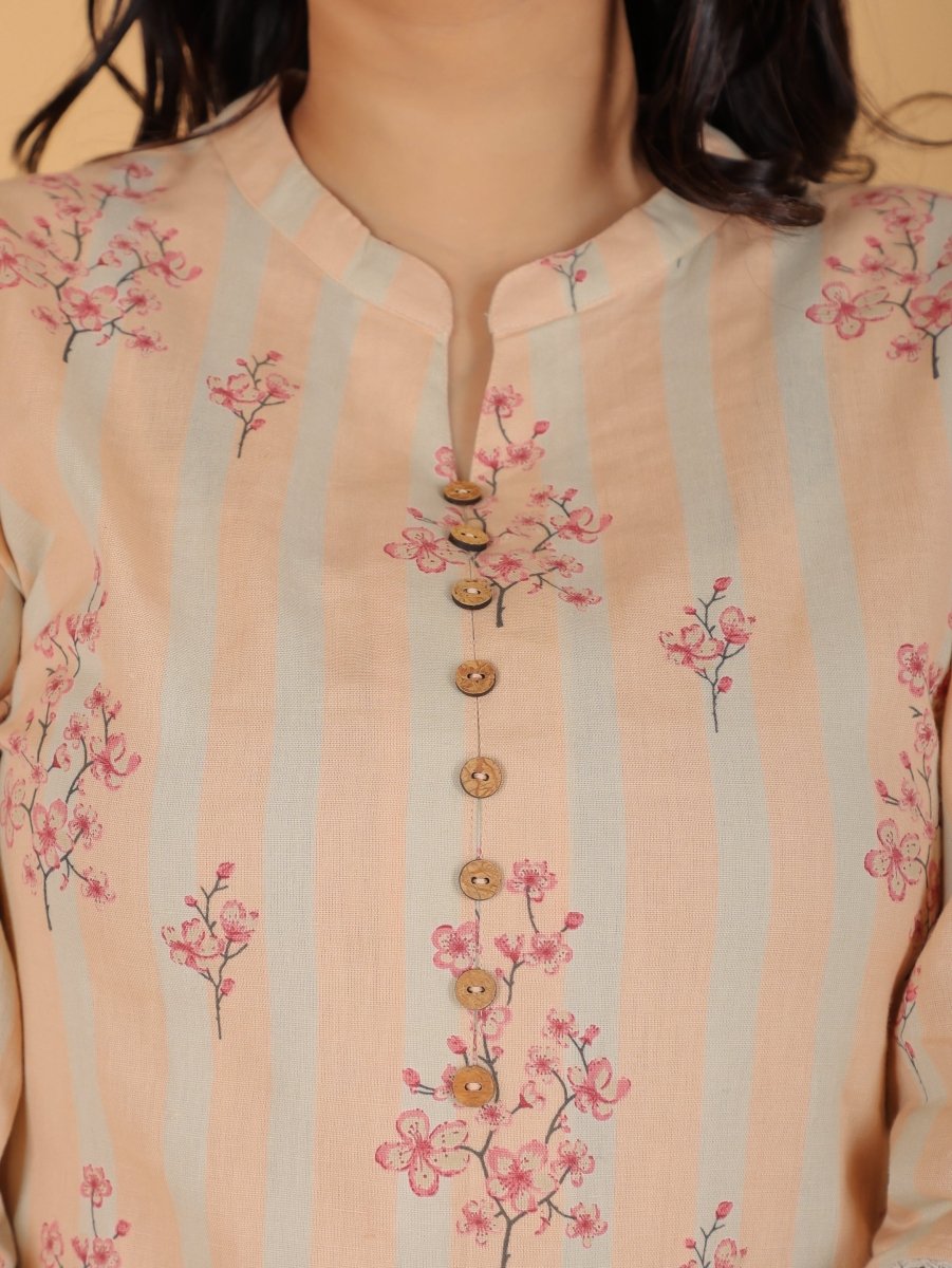 Aramya Straight Linen Cotton Floral Print Women's Kurta Set - Orange