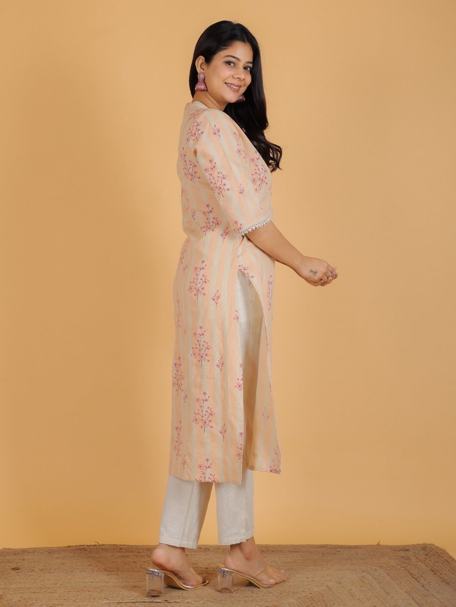 Aramya Straight Linen Cotton Floral Print Women's Kurta Set - Orange