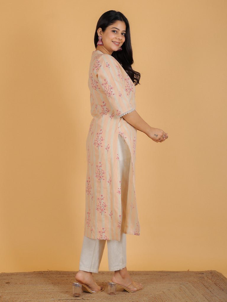 Aramya Straight Linen Cotton Floral Print Women's Kurta - Orange