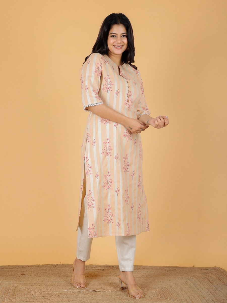 Aramya Straight Linen Cotton Floral Print Women's Kurta Set - Orange