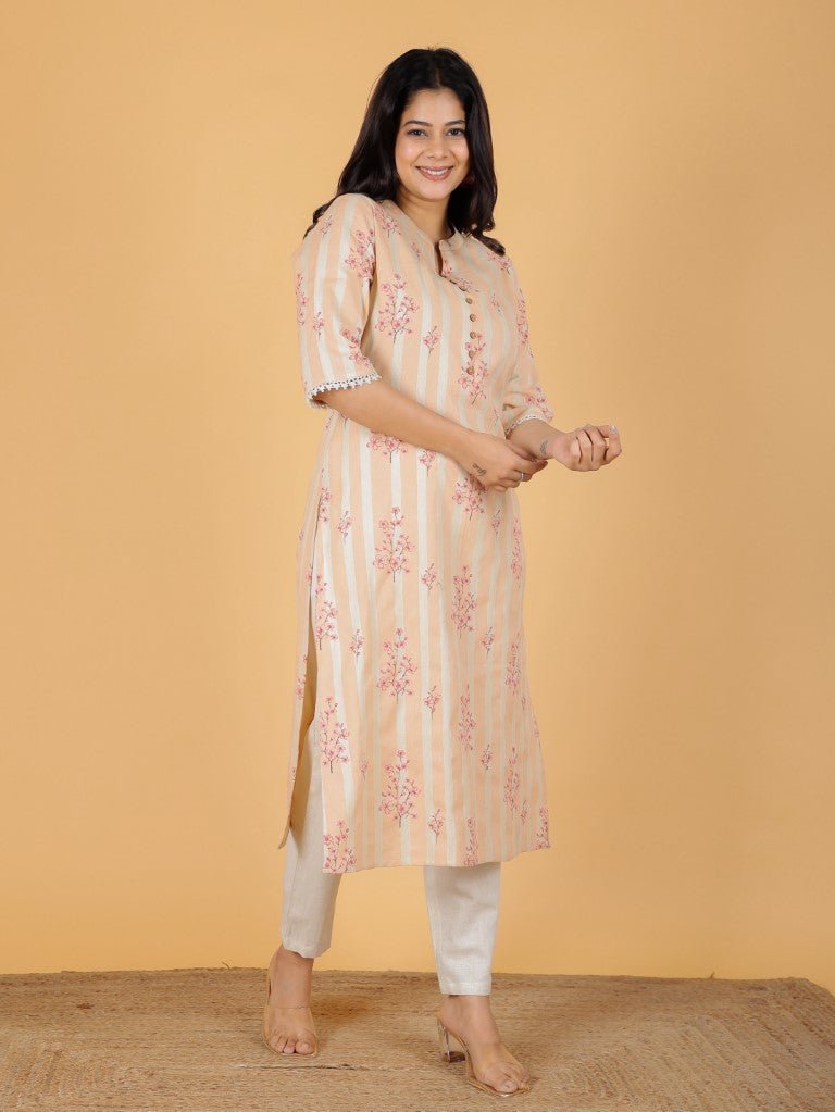 Aramya Straight Linen Cotton Floral Print Women's Kurta - Orange