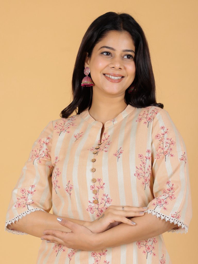 Aramya Straight Linen Cotton Floral Print Women's Kurta - Orange