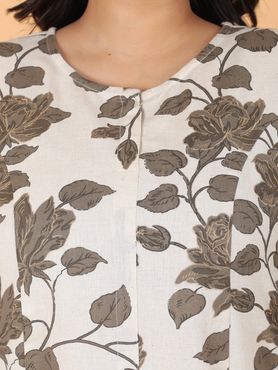 Aramya A-line Linen Cotton Floral Print Women's Kurta Set - White