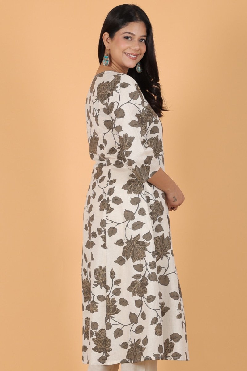 Aramya A-line Linen Cotton Floral Print Women's Kurta - White