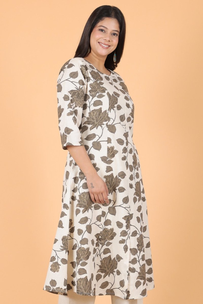 Aramya A-line Linen Cotton Floral Print Women's Kurta - White