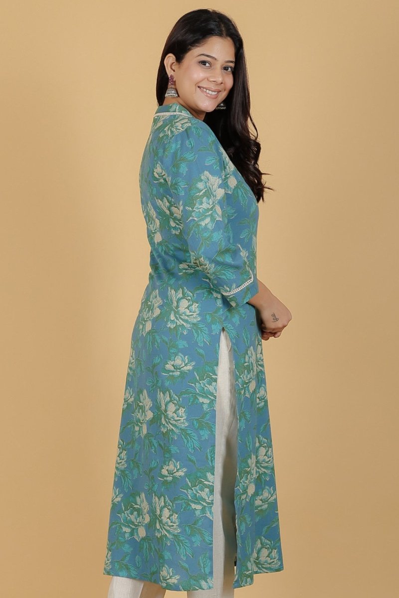 Aramya Straight Linen Cotton Floral Print Women's Kurta Set - Green