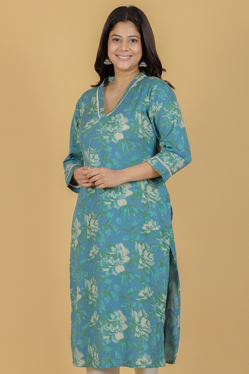 Aramya Straight Linen Cotton Floral Print Women's Kurta - Green