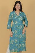 Aramya Straight Linen Cotton Floral Print Women's Kurta Set - Green