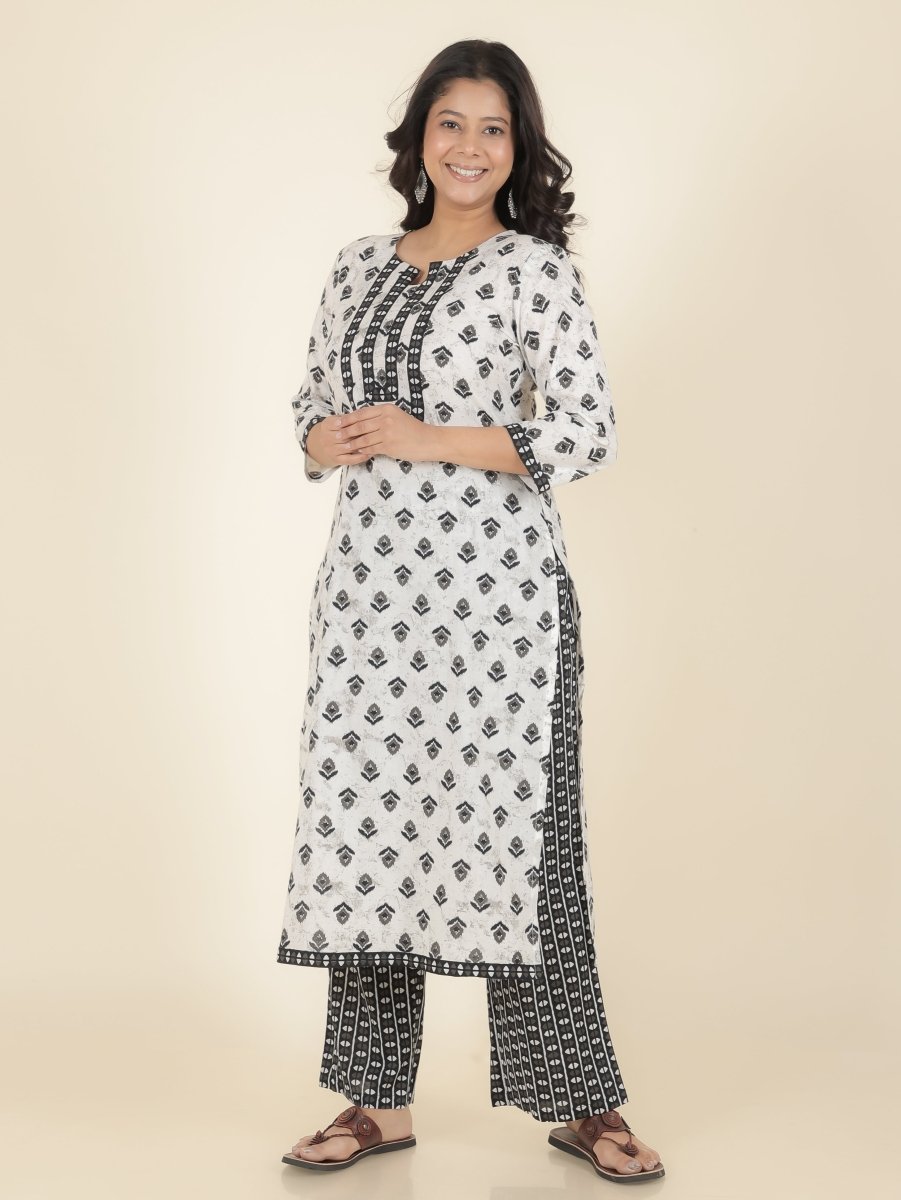Aramya Straight Soft Cotton Ikat Print Women's Kurta Set - White