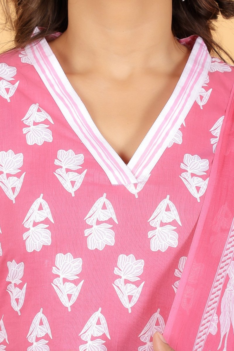 Aramya Straight Soft Cotton Floral Print Women's Kurta Set - Pink