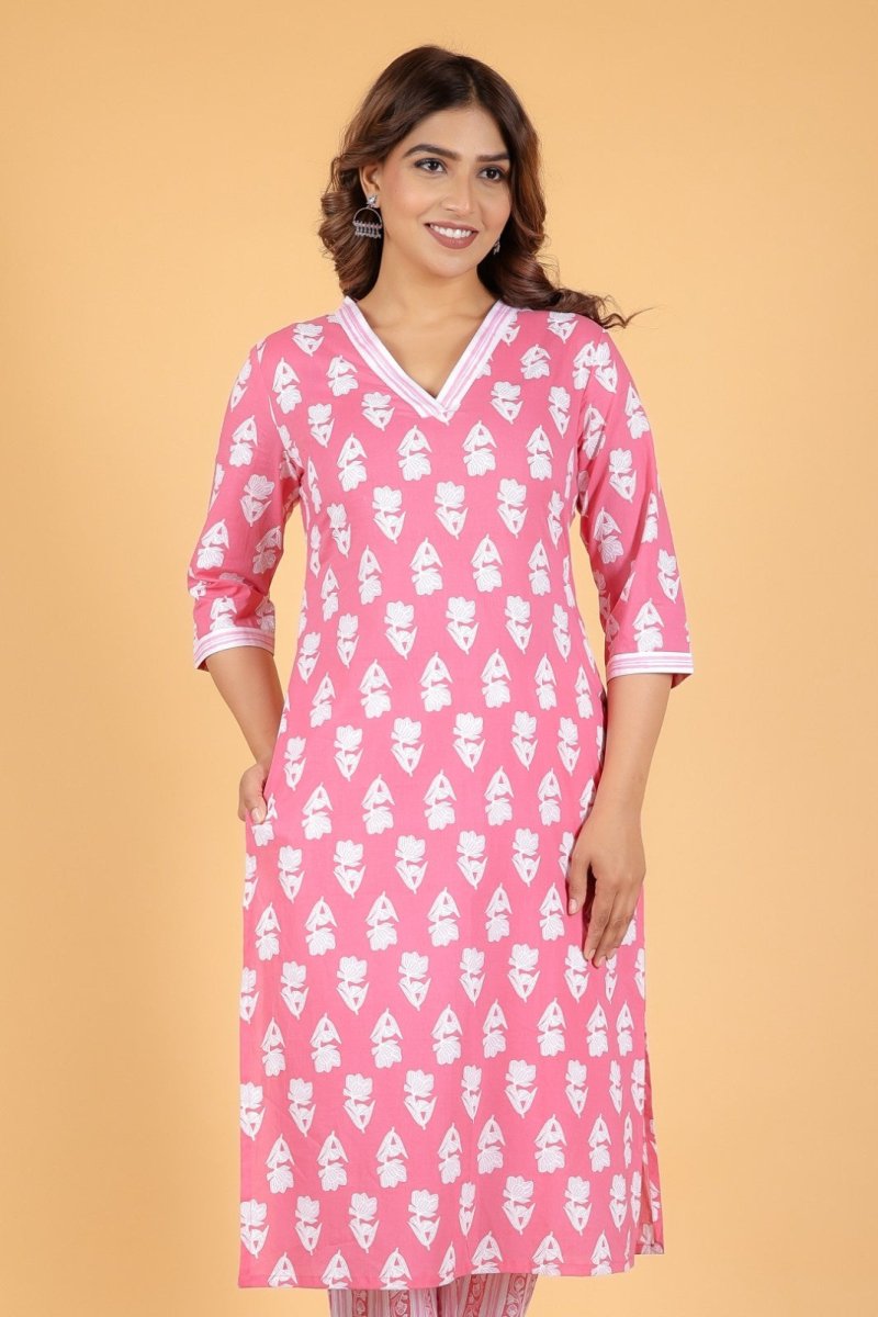 Aramya Straight Soft Cotton Floral Print Women's Kurta - Pink
