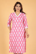Aramya Straight Soft Cotton Floral Print Women's Kurta Set - Pink