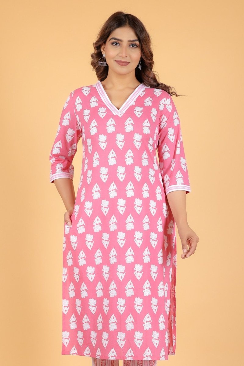 Aramya Straight Soft Cotton Floral Print Women's Kurta Set - Pink