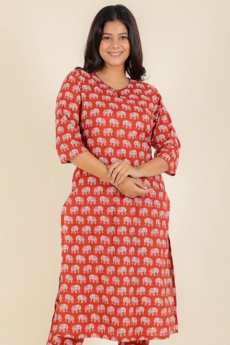 Aramya Straight Soft Cotton Animal Print Women's Kurta Set - Red