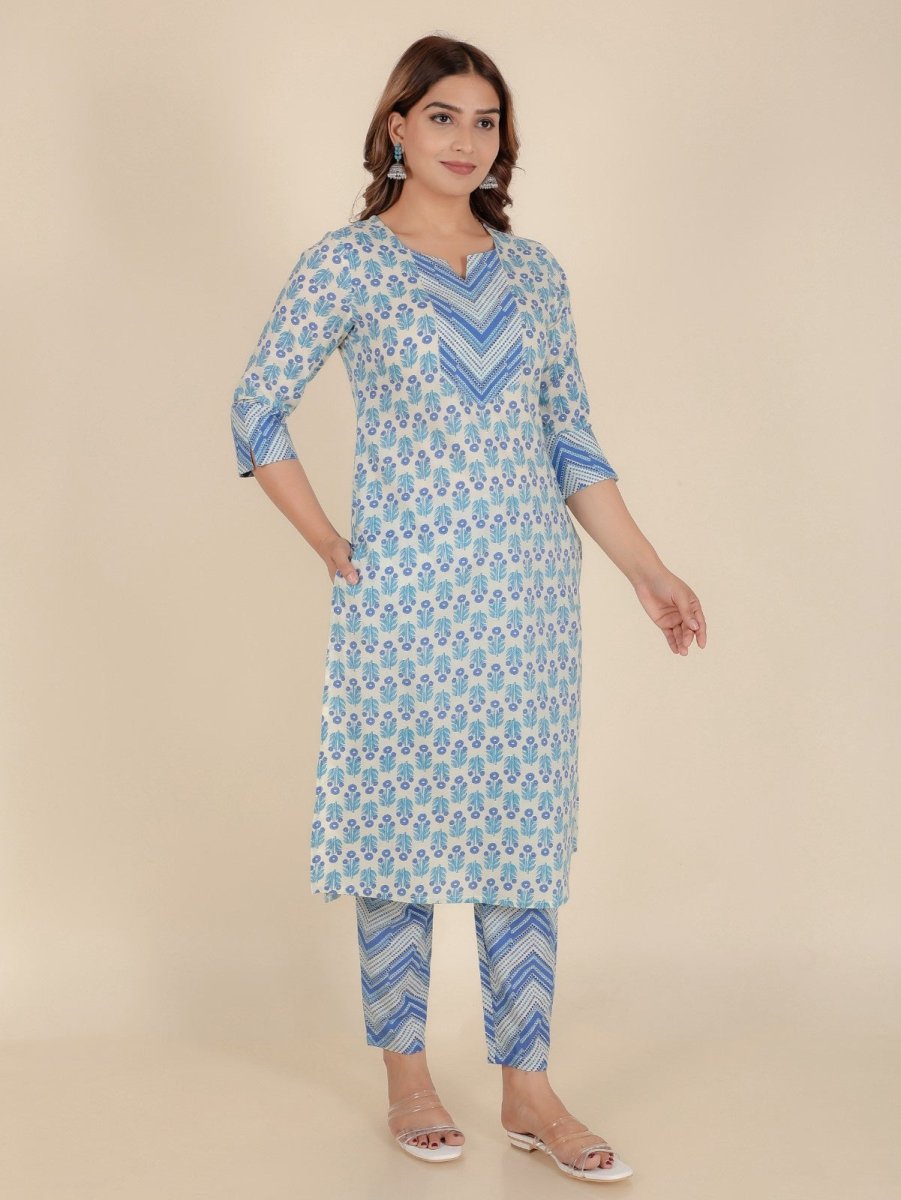 Aramya Straight Soft Cotton Floral Print Women's Kurta Set - White